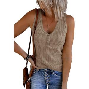 Saodimallsu Womens V Neck Tank Tops Summer Ribbed Sleeveless Henley Shirts Casual Loose Button Up Cami Knit Tees(Dark Khaki)
