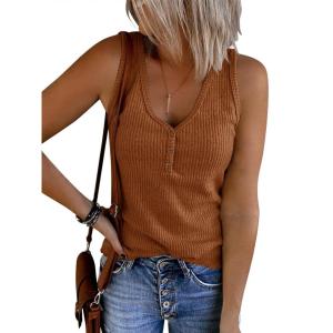 Saodimallsu Womens V Neck Tank Tops Summer Ribbed Sleeveless Henley Shirts Casual Loose Button Up Cami Knit Tees(Golden Brown)