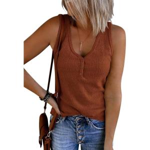 Saodimallsu Womens V Neck Tank Tops Summer Ribbed Sleeveless Henley Shirts Casual Loose Button Up Cami Knit Tees(Red)