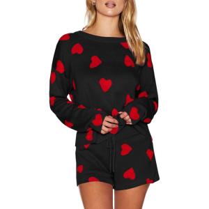 Saodimallsu Womens Valentine’s Day Pajama Sets Hearts Print Lounge Set Long Sleeve Sweater and Shorts 2 Piece Outfits(Black)