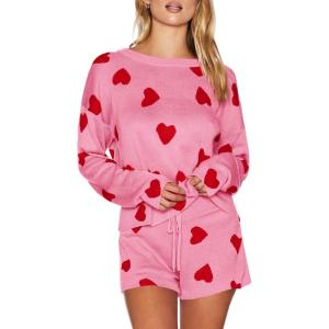 Saodimallsu Womens Valentine’s Day Pajama Sets Hearts Print Lounge Set Long Sleeve Sweater and Shorts 2 Piece Outfits(Pink)