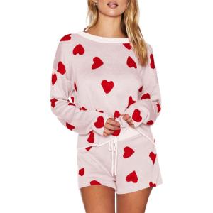 Saodimallsu Womens Valentine’s Day Pajama Sets Hearts Print Lounge Set Long Sleeve Sweater and Shorts 2 Piece Outfits(White)