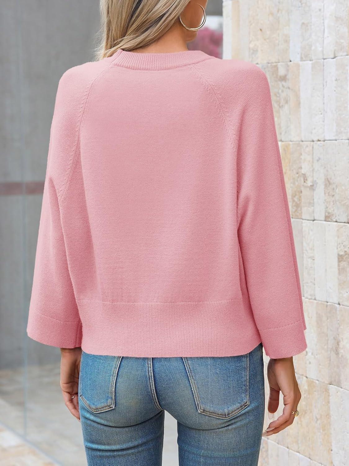 imageSaodimallsu Womens Crew Neck Batwing Sweaters 34 Sleeve Soft Knit Dressy Casual Loose Fit Fall Sweater TopsPink