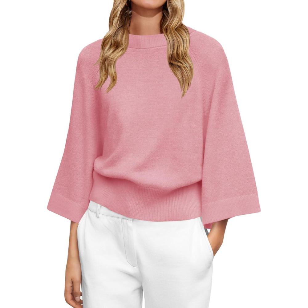 imageSaodimallsu Womens Crew Neck Batwing Sweaters 34 Sleeve Soft Knit Dressy Casual Loose Fit Fall Sweater TopsPink