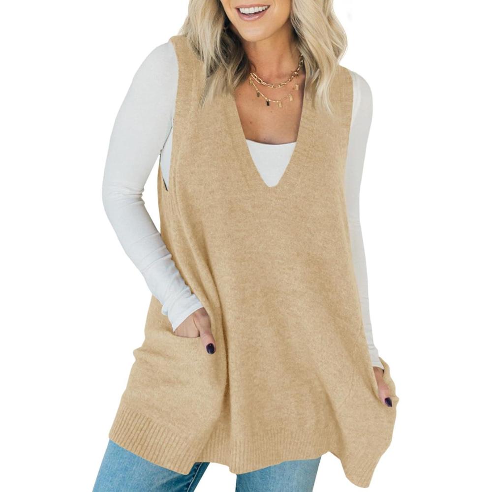 imageSaodimallsu Womens Sleeveless Sweater Vest V Neck Casual Loose Knit A Line Flattering Tunic Top with PocketsBeige