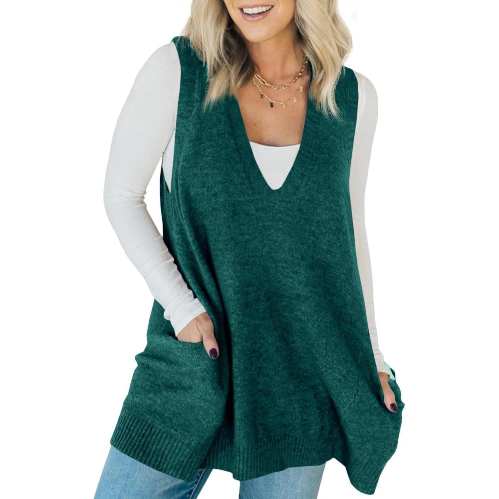 imageSaodimallsu Womens Sleeveless Sweater Vest V Neck Casual Loose Knit A Line Flattering Tunic Top with PocketsGreen