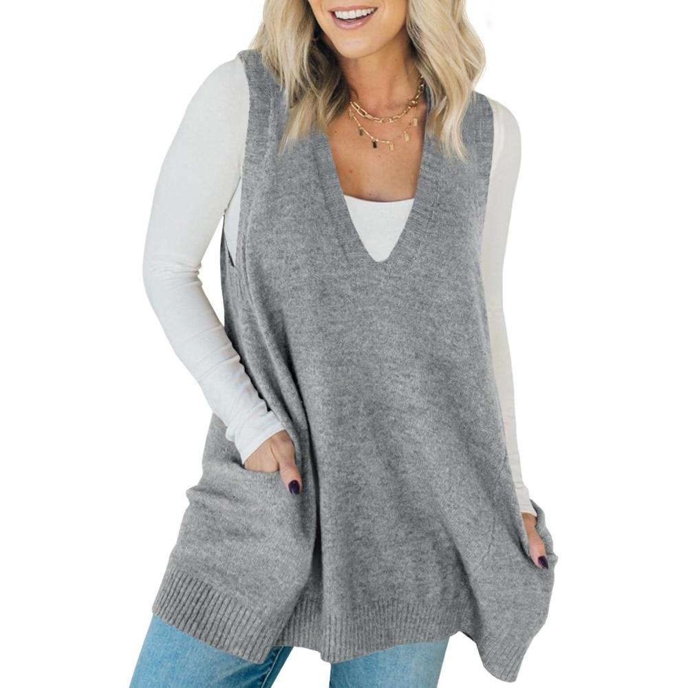 imageSaodimallsu Womens Sleeveless Sweater Vest V Neck Casual Loose Knit A Line Flattering Tunic Top with PocketsGrey