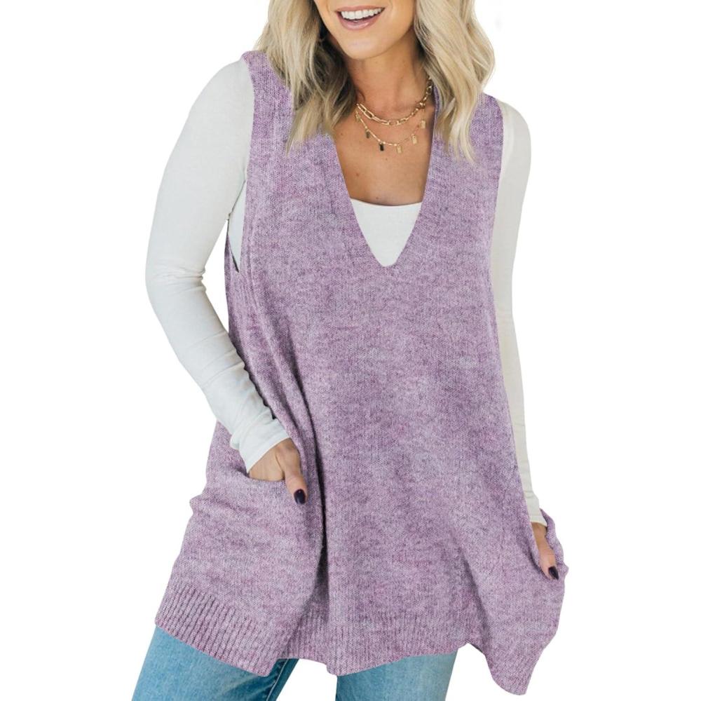 imageSaodimallsu Womens Sleeveless Sweater Vest V Neck Casual Loose Knit A Line Flattering Tunic Top with PocketsPurple
