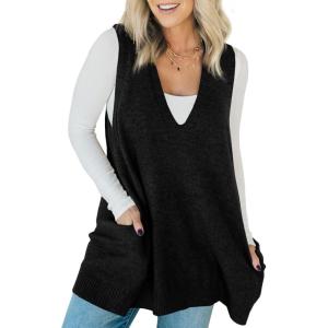 Saodimallsu Womens Sleeveless Sweater Vest V Neck Casual Loose Knit A Line Flattering Tunic Top with Pockets(Black)