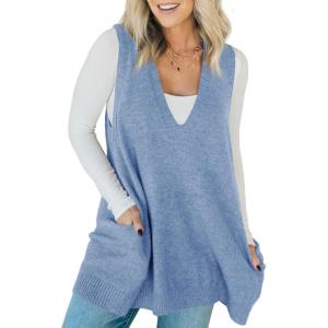 Saodimallsu Womens Sleeveless Sweater Vest V Neck Casual Loose Knit A Line Flattering Tunic Top with Pockets(Blue)