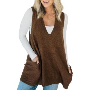 Saodimallsu Womens Sleeveless Sweater Vest V Neck Casual Loose Knit A Line Flattering Tunic Top with Pockets(Brown)