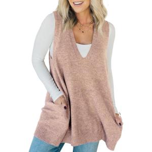 Saodimallsu Womens Sleeveless Sweater Vest V Neck Casual Loose Knit A Line Flattering Tunic Top with Pockets(Dark Pink)