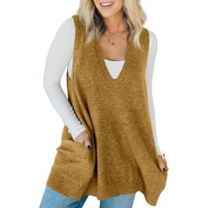 Saodimallsu Womens Sleeveless Sweater Vest V Neck Casual Loose Knit A Line Flattering Tunic Top with Pockets(Dark Yellow)