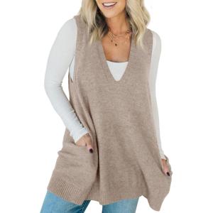Saodimallsu Womens Sleeveless Sweater Vest V Neck Casual Loose Knit A Line Flattering Tunic Top with Pockets(Khaki)