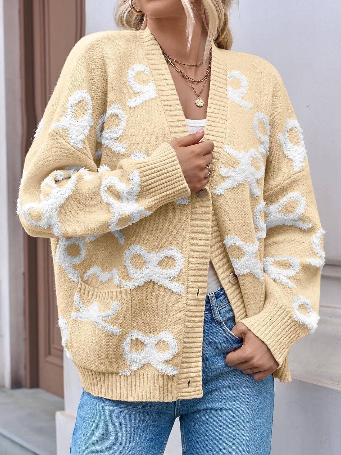 imageSaodimallsu Womens Bow Cardigan Sweaters Button Up Chunky Knit Loose Fit Fall Winter Sweater Coats with PocketsLight Khaki