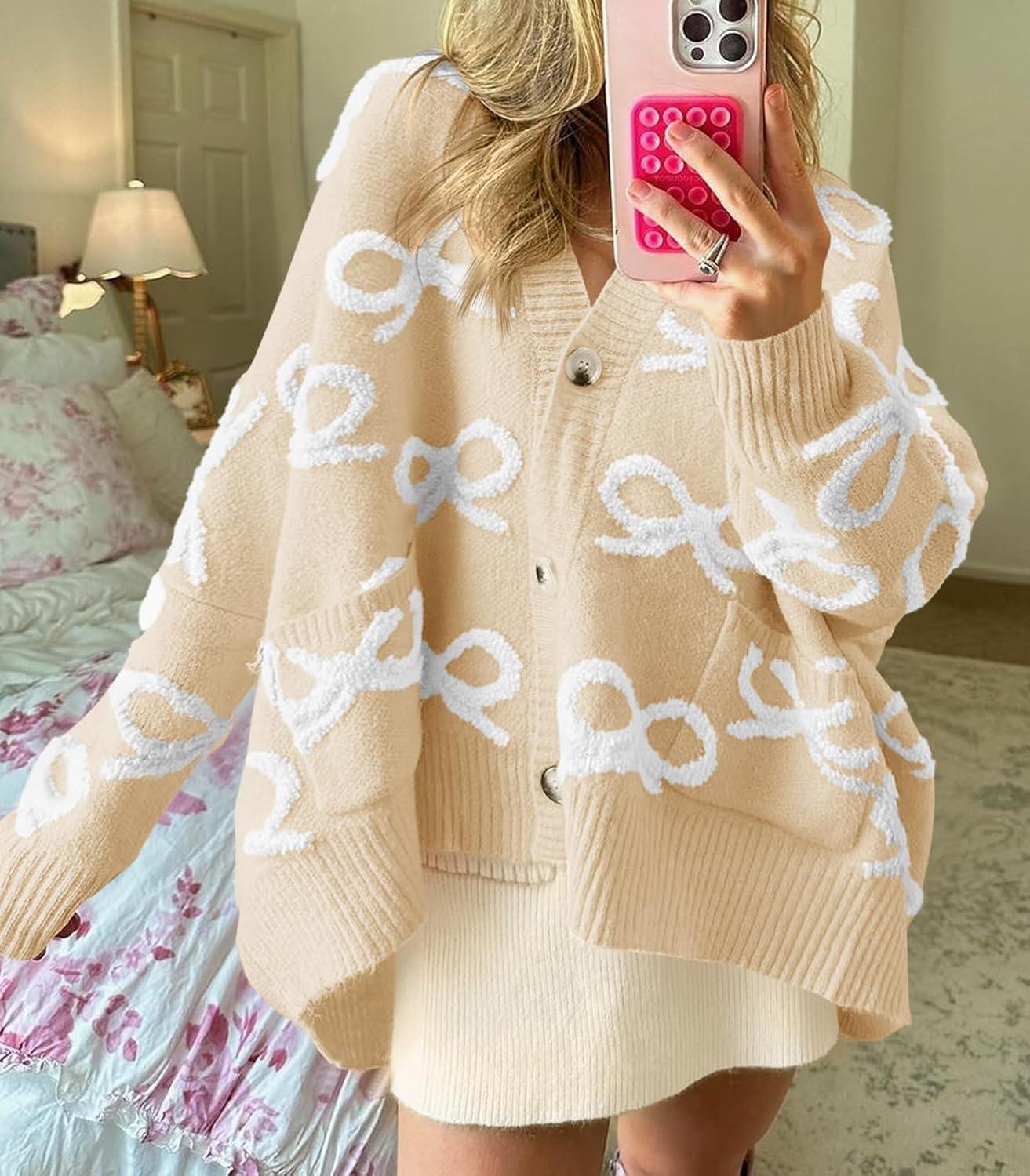 imageSaodimallsu Womens Bow Cardigan Sweaters Button Up Chunky Knit Loose Fit Fall Winter Sweater Coats with PocketsLight Khaki