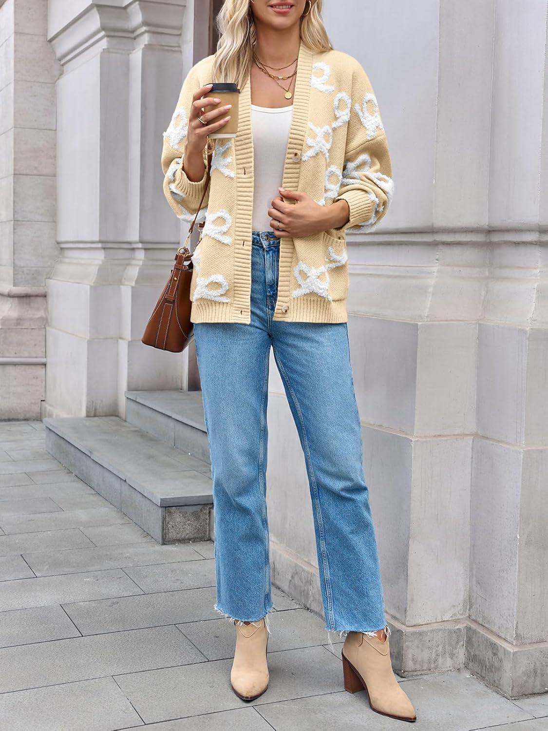 imageSaodimallsu Womens Bow Cardigan Sweaters Button Up Chunky Knit Loose Fit Fall Winter Sweater Coats with PocketsLight Khaki