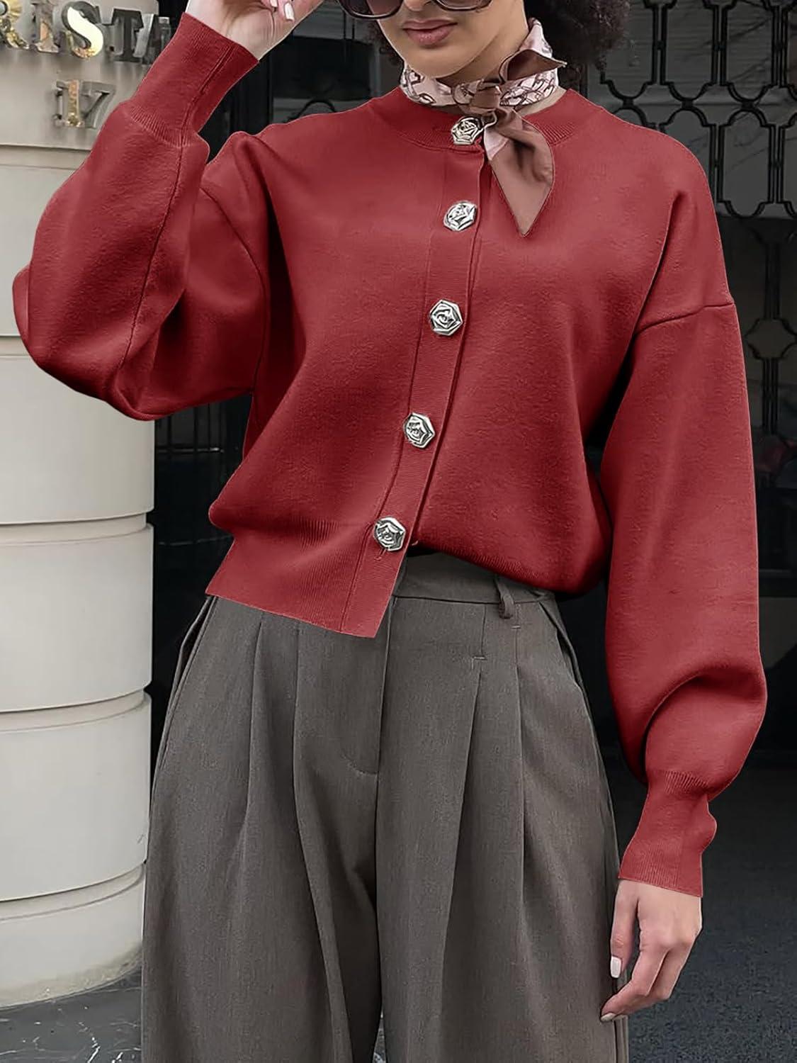 imageSaodimallsu Womens Button Up Cardigan Sweaters Fall Trendy Long Lantern Sleeve Knit Crew Neck Sweater JacketBurgundy