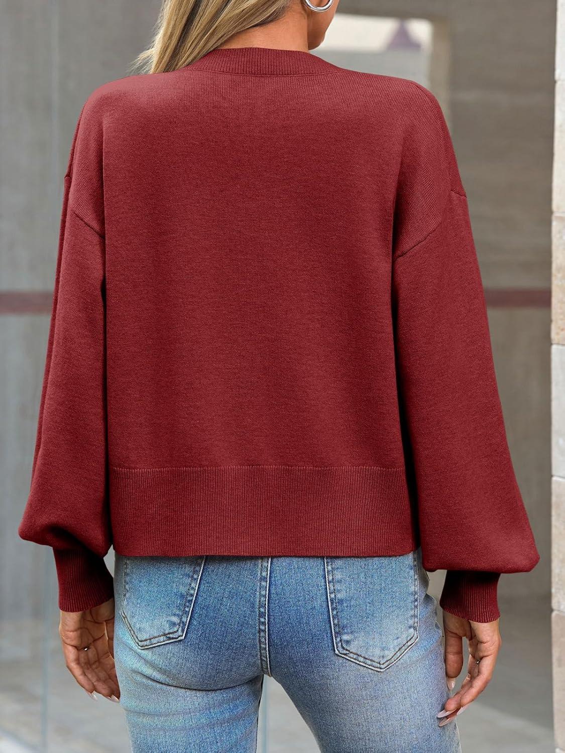 imageSaodimallsu Womens Button Up Cardigan Sweaters Fall Trendy Long Lantern Sleeve Knit Crew Neck Sweater JacketBurgundy