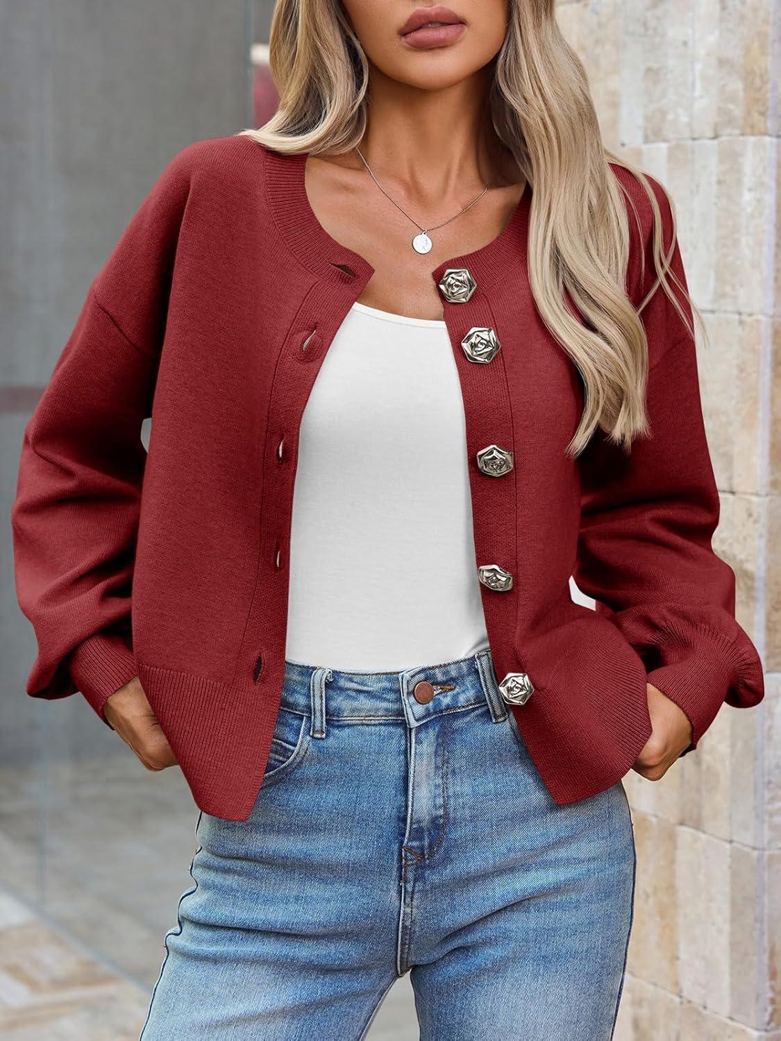imageSaodimallsu Womens Button Up Cardigan Sweaters Fall Trendy Long Lantern Sleeve Knit Crew Neck Sweater JacketBurgundy