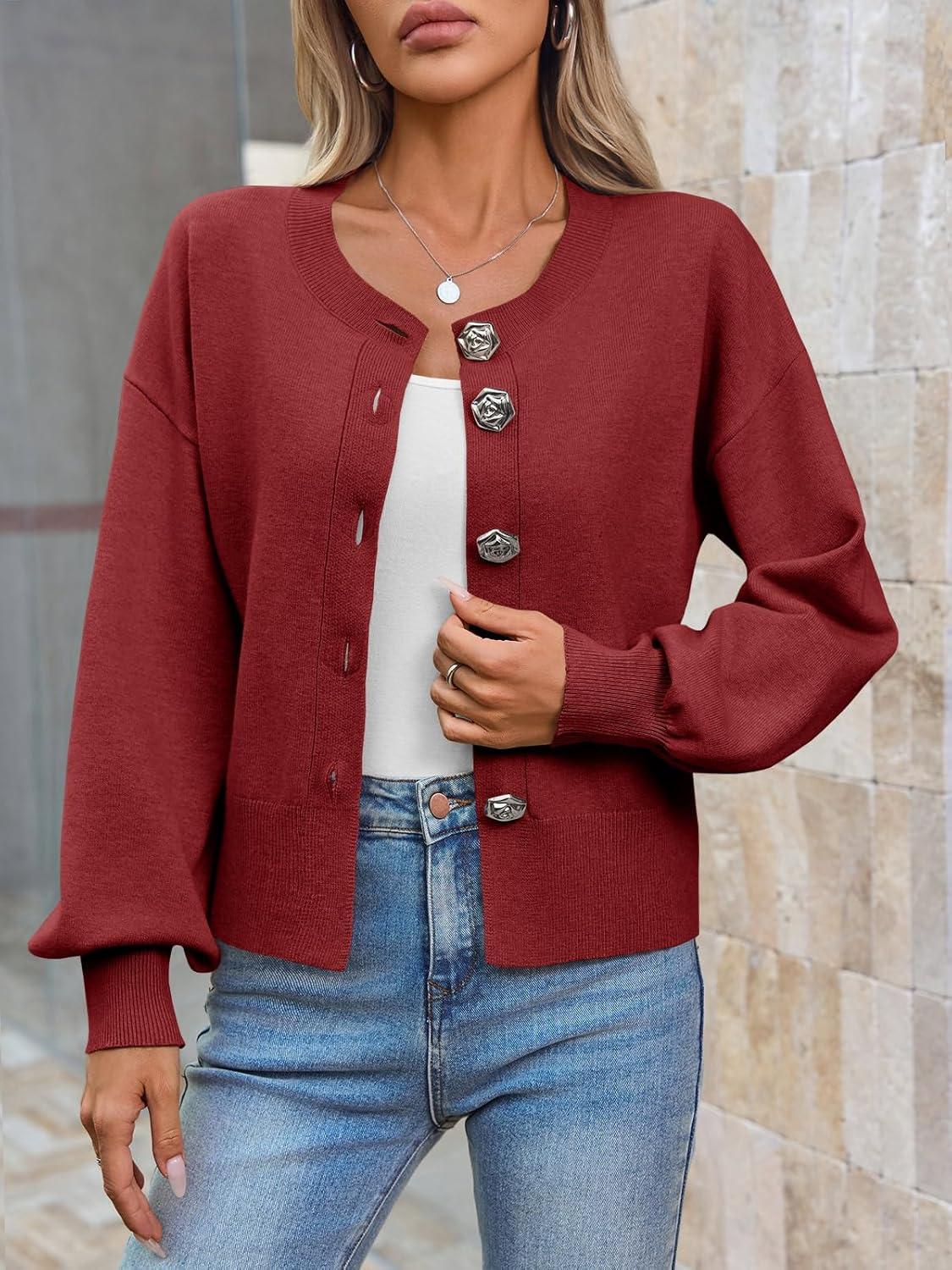 imageSaodimallsu Womens Button Up Cardigan Sweaters Fall Trendy Long Lantern Sleeve Knit Crew Neck Sweater JacketBurgundy