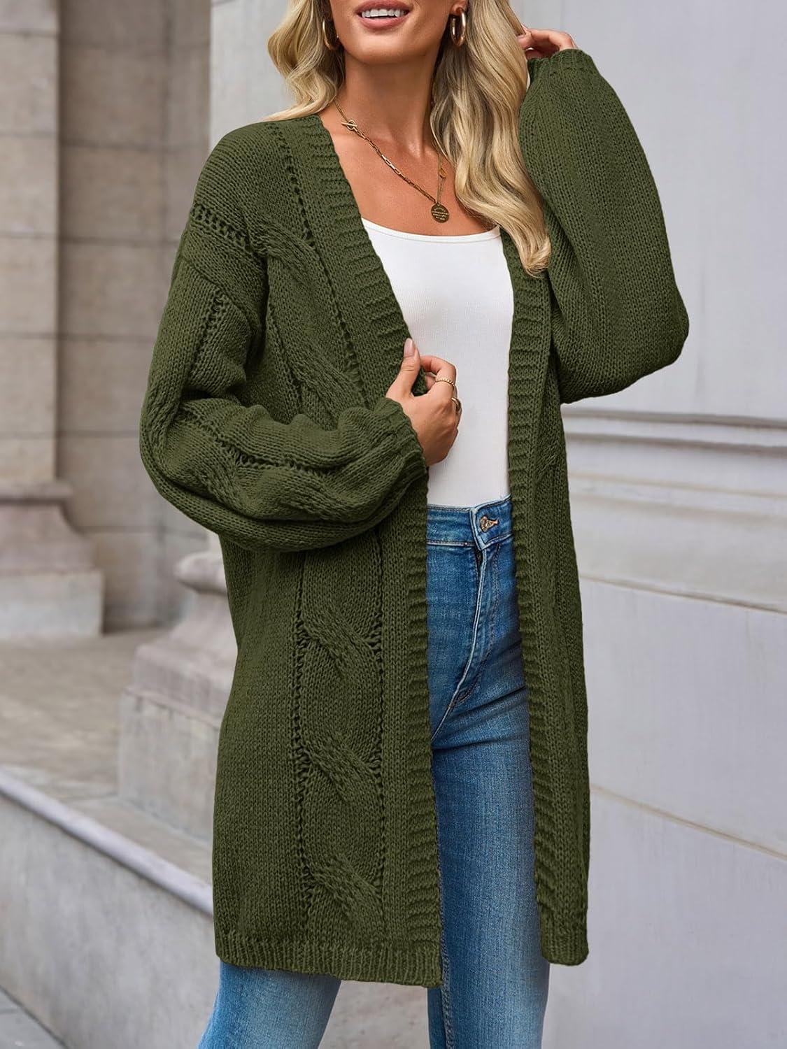 imageSaodimallsu Womens Fall Cable Long Cardigans Lantern Sleeve Knit Open Front Chunky Loose Fit Sweater CoatsArmy Green