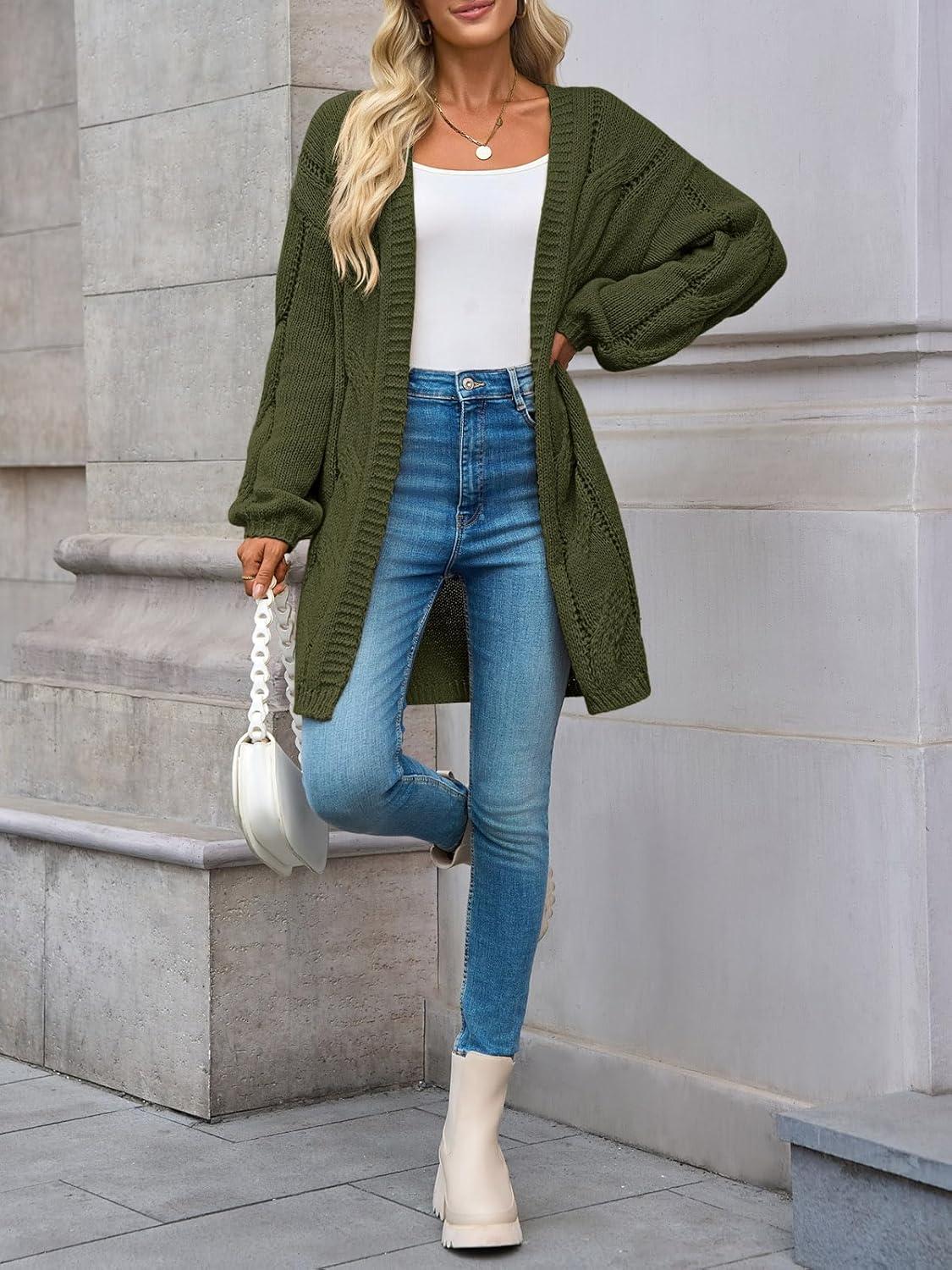 imageSaodimallsu Womens Fall Cable Long Cardigans Lantern Sleeve Knit Open Front Chunky Loose Fit Sweater CoatsArmy Green