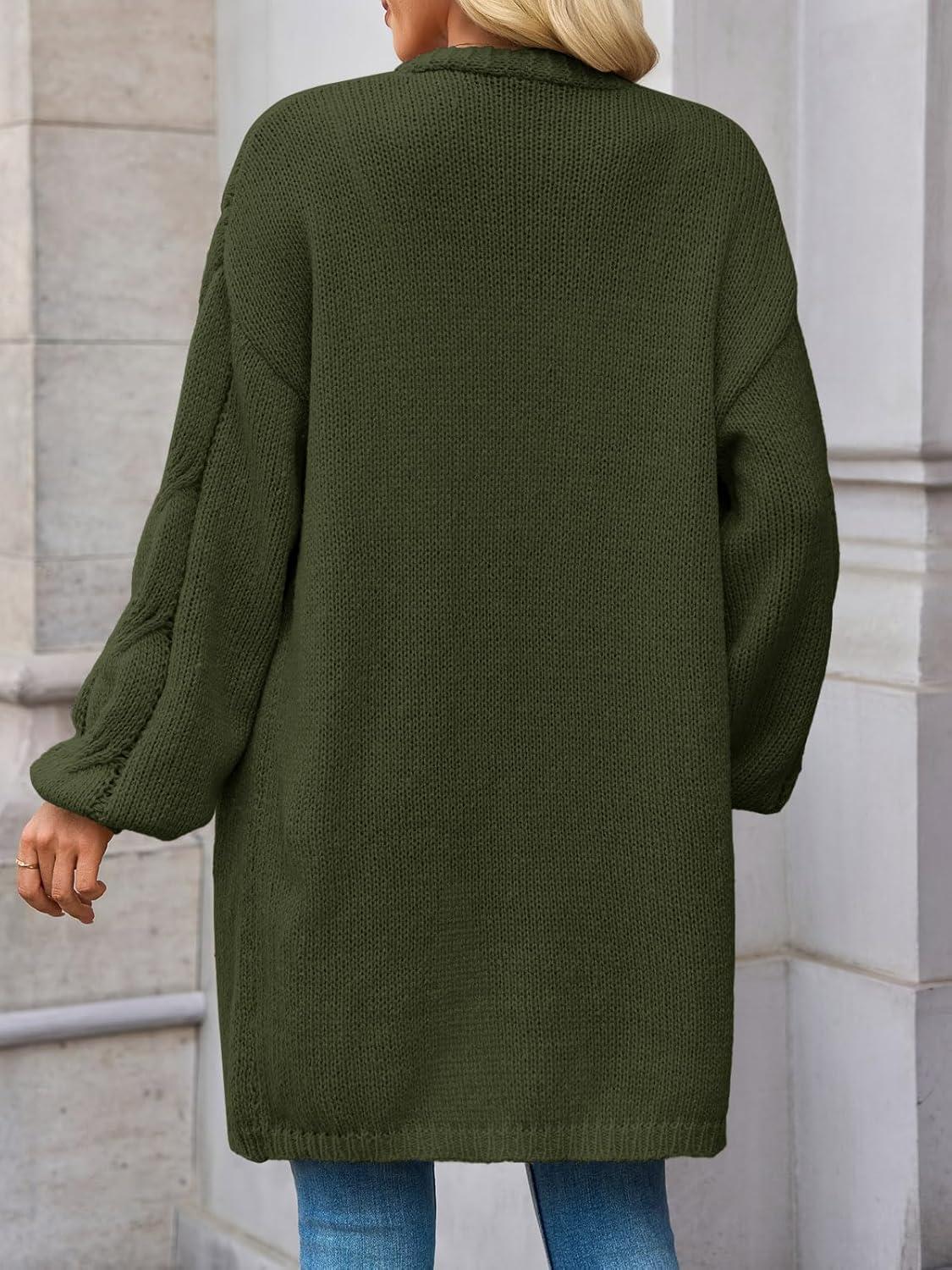 imageSaodimallsu Womens Fall Cable Long Cardigans Lantern Sleeve Knit Open Front Chunky Loose Fit Sweater CoatsArmy Green