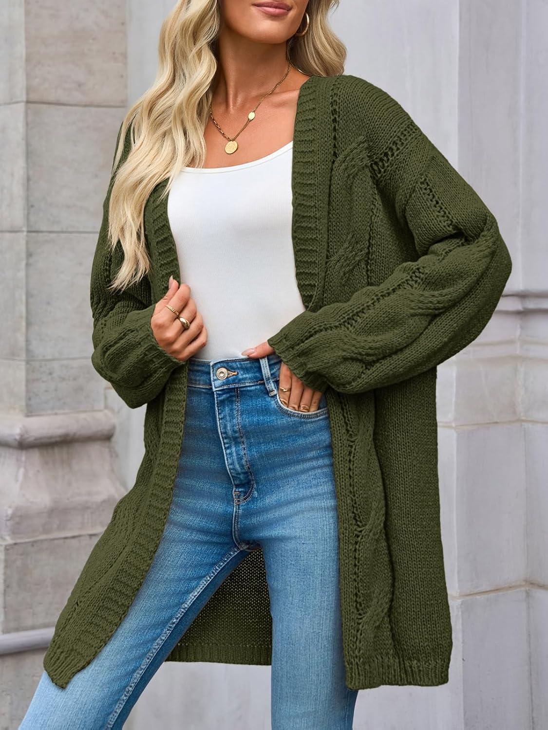imageSaodimallsu Womens Fall Cable Long Cardigans Lantern Sleeve Knit Open Front Chunky Loose Fit Sweater CoatsArmy Green