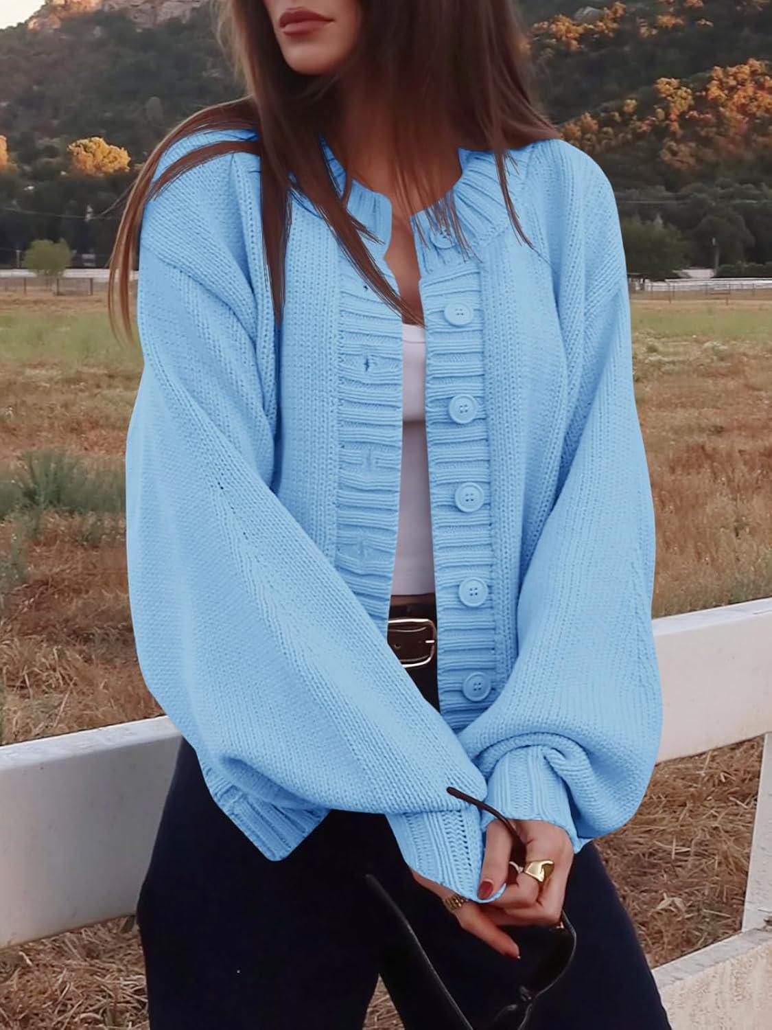 imageSaodimallsu Womens Long Sleeve Button Down Cardigan Sweaters Crew Neck Open Front Knit Casual Loose Fit Fall Sweater CoatLight Blue