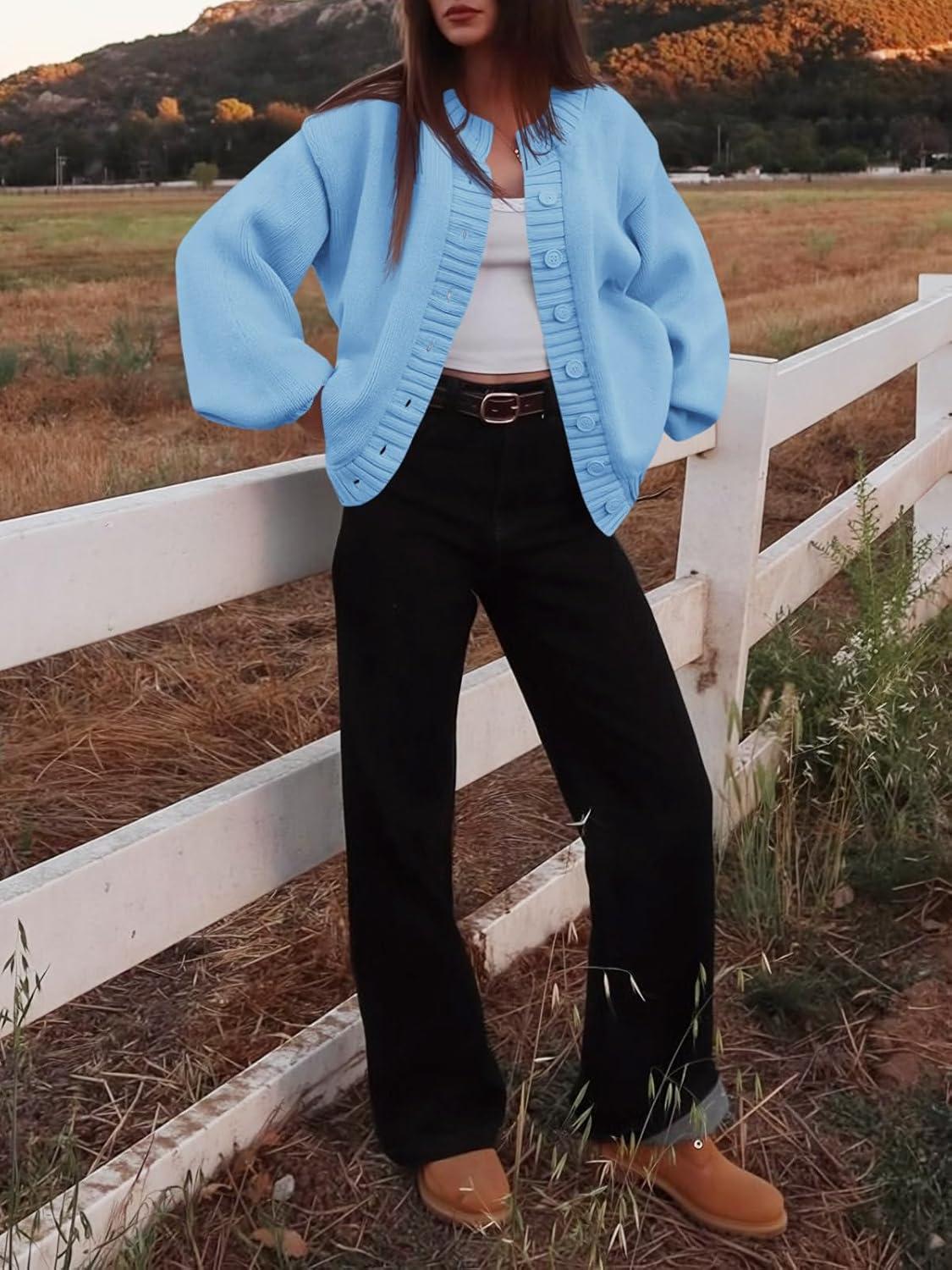 imageSaodimallsu Womens Long Sleeve Button Down Cardigan Sweaters Crew Neck Open Front Knit Casual Loose Fit Fall Sweater CoatLight Blue