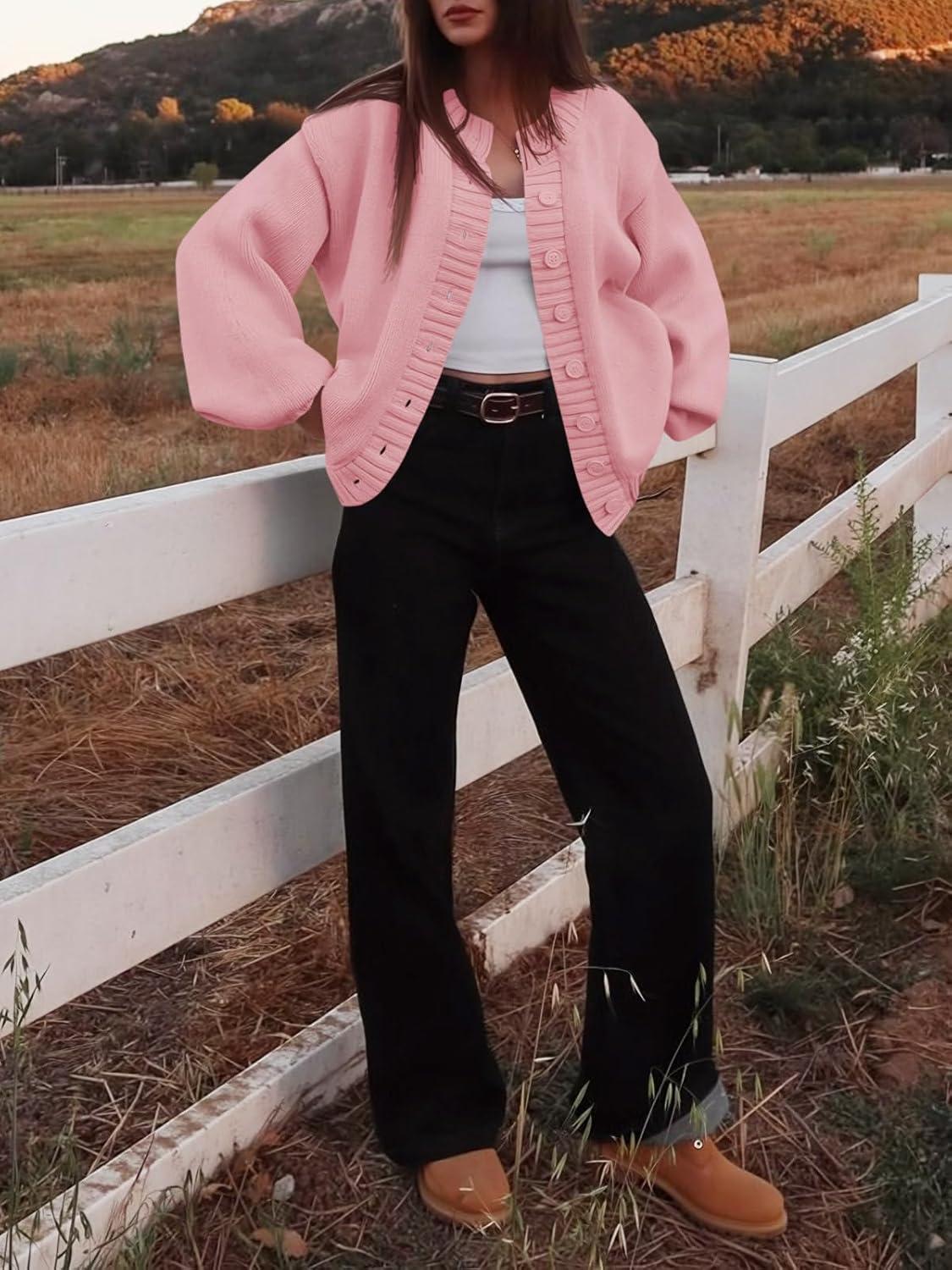 imageSaodimallsu Womens Long Sleeve Button Down Cardigan Sweaters Crew Neck Open Front Knit Casual Loose Fit Fall Sweater CoatPink