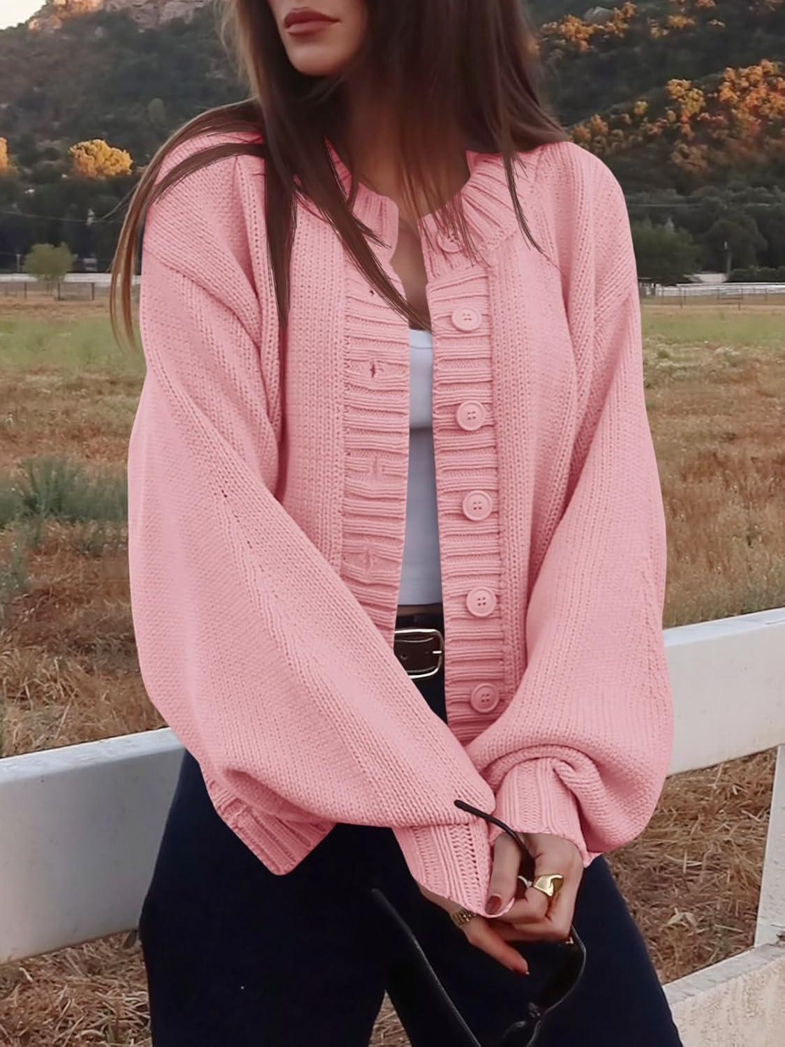 imageSaodimallsu Womens Long Sleeve Button Down Cardigan Sweaters Crew Neck Open Front Knit Casual Loose Fit Fall Sweater CoatPink