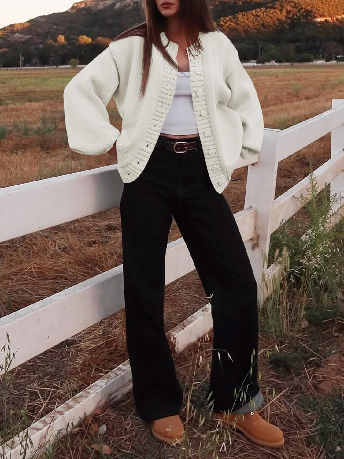 imageSaodimallsu Womens Long Sleeve Button Down Cardigan Sweaters Crew Neck Open Front Knit Casual Loose Fit Fall Sweater CoatWhite