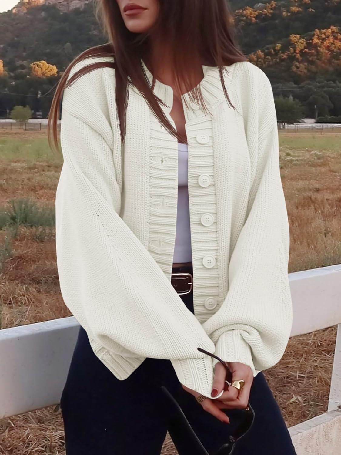 imageSaodimallsu Womens Long Sleeve Button Down Cardigan Sweaters Crew Neck Open Front Knit Casual Loose Fit Fall Sweater CoatWhite