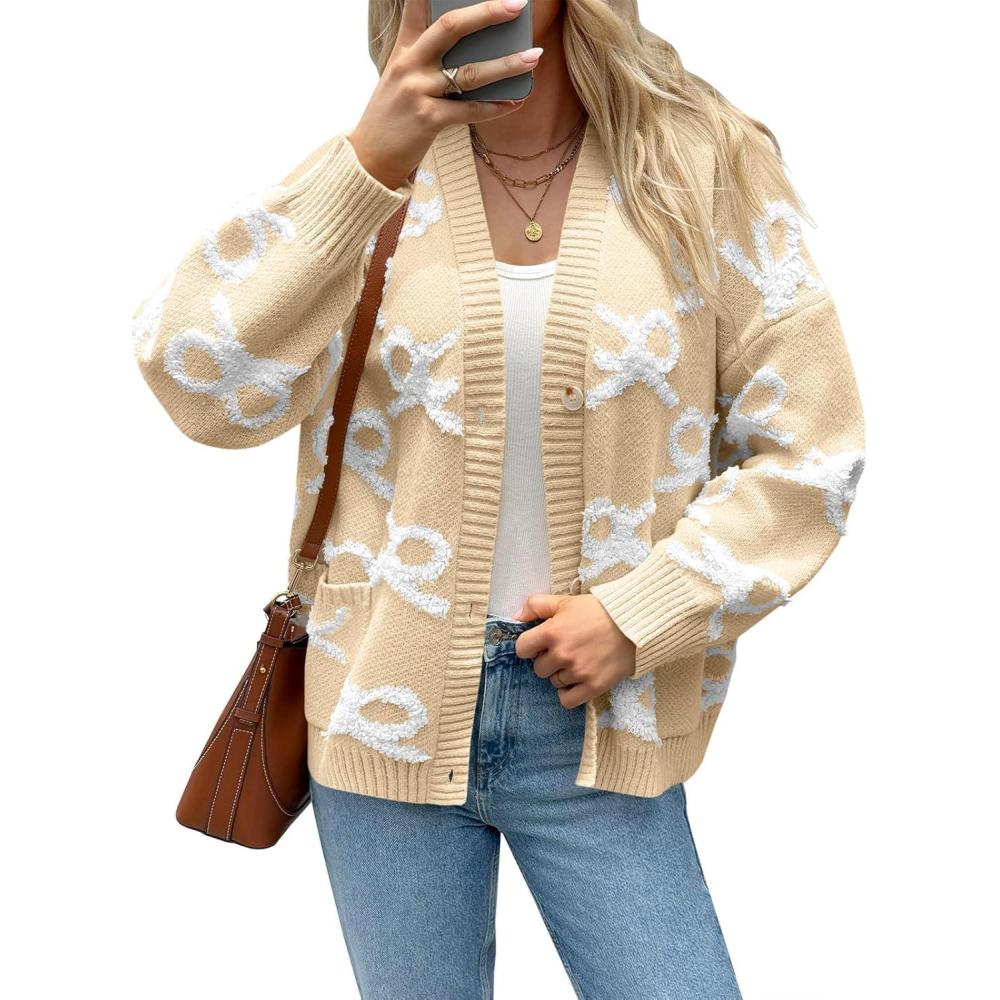 imageSaodimallsu Womens Bow Cardigan Sweaters Button Up Chunky Knit Loose Fit Fall Winter Sweater Coats with PocketsLight Khaki