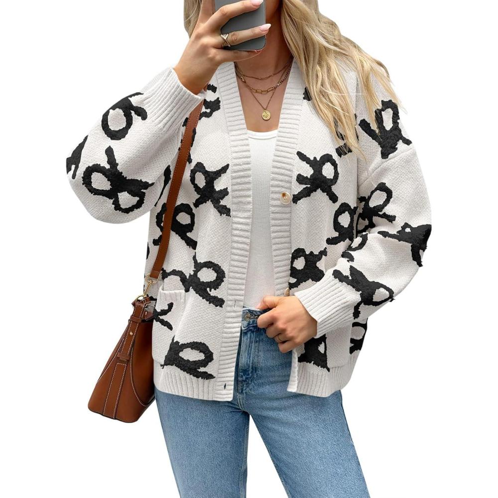 imageSaodimallsu Womens Bow Cardigan Sweaters Button Up Chunky Knit Loose Fit Fall Winter Sweater Coats with PocketsWhite