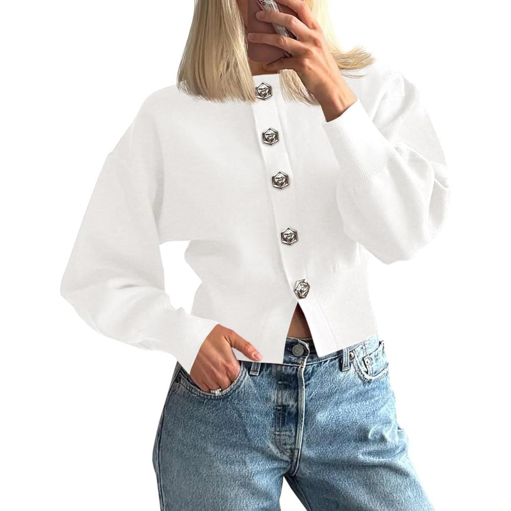 imageSaodimallsu Womens Button Up Cardigan Sweaters Fall Trendy Long Lantern Sleeve Knit Crew Neck Sweater JacketWhite
