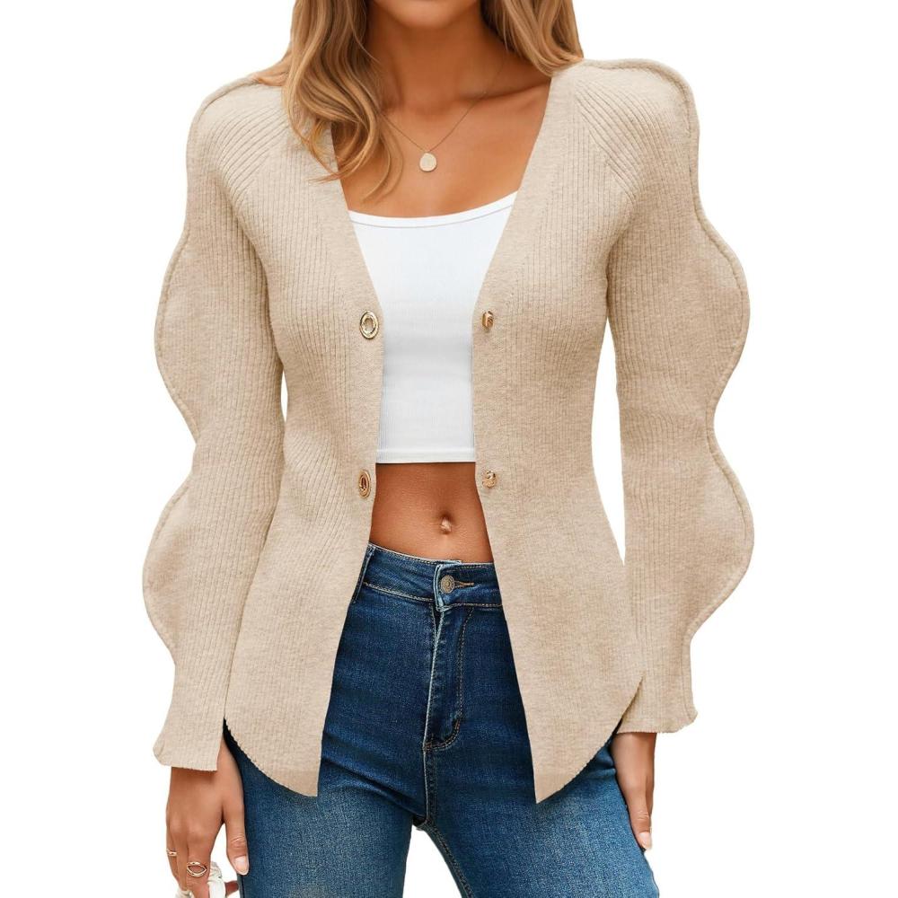 imageSaodimallsu Womens Button Up Cardigans V Neck Ribbed Knit Fitted Sweaters Long Sleeve Trendy Split Going Out TopsApricot