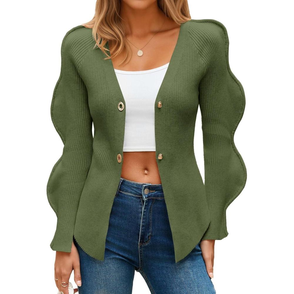 imageSaodimallsu Womens Button Up Cardigans V Neck Ribbed Knit Fitted Sweaters Long Sleeve Trendy Split Going Out TopsArmy Green
