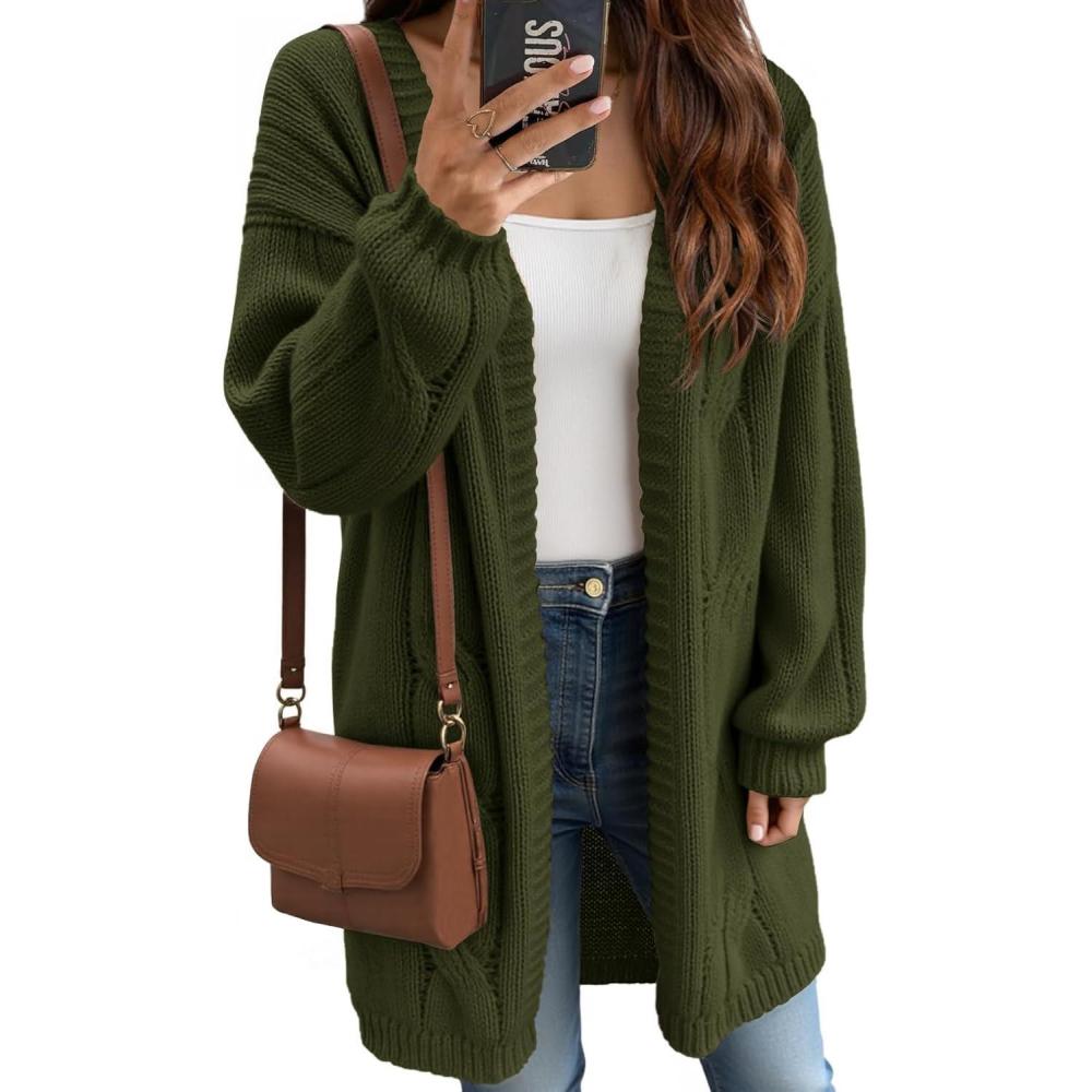 imageSaodimallsu Womens Fall Cable Long Cardigans Lantern Sleeve Knit Open Front Chunky Loose Fit Sweater CoatsArmy Green