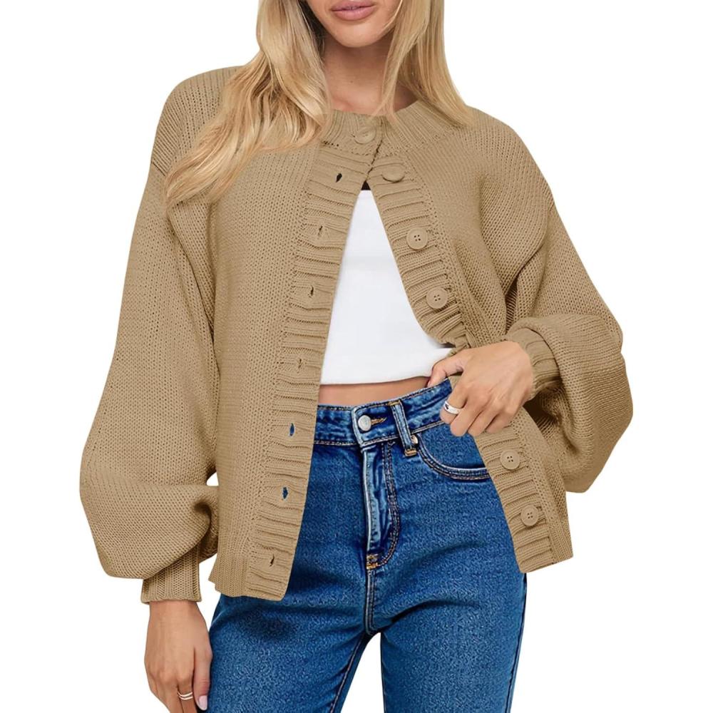 imageSaodimallsu Womens Long Sleeve Button Down Cardigan Sweaters Crew Neck Open Front Knit Casual Loose Fit Fall Sweater CoatKhaki