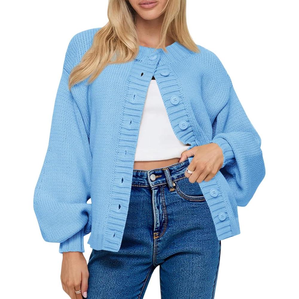 imageSaodimallsu Womens Long Sleeve Button Down Cardigan Sweaters Crew Neck Open Front Knit Casual Loose Fit Fall Sweater CoatLight Blue