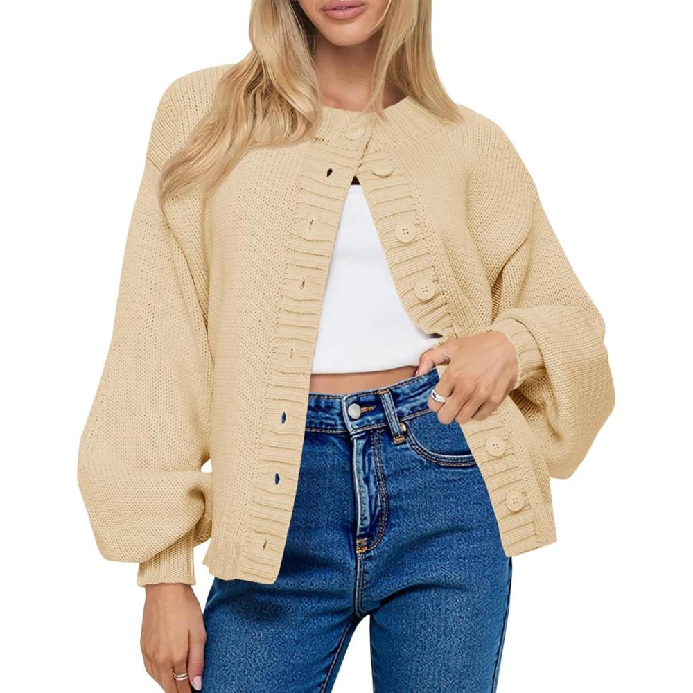 imageSaodimallsu Womens Long Sleeve Button Down Cardigan Sweaters Crew Neck Open Front Knit Casual Loose Fit Fall Sweater CoatLight Khaki