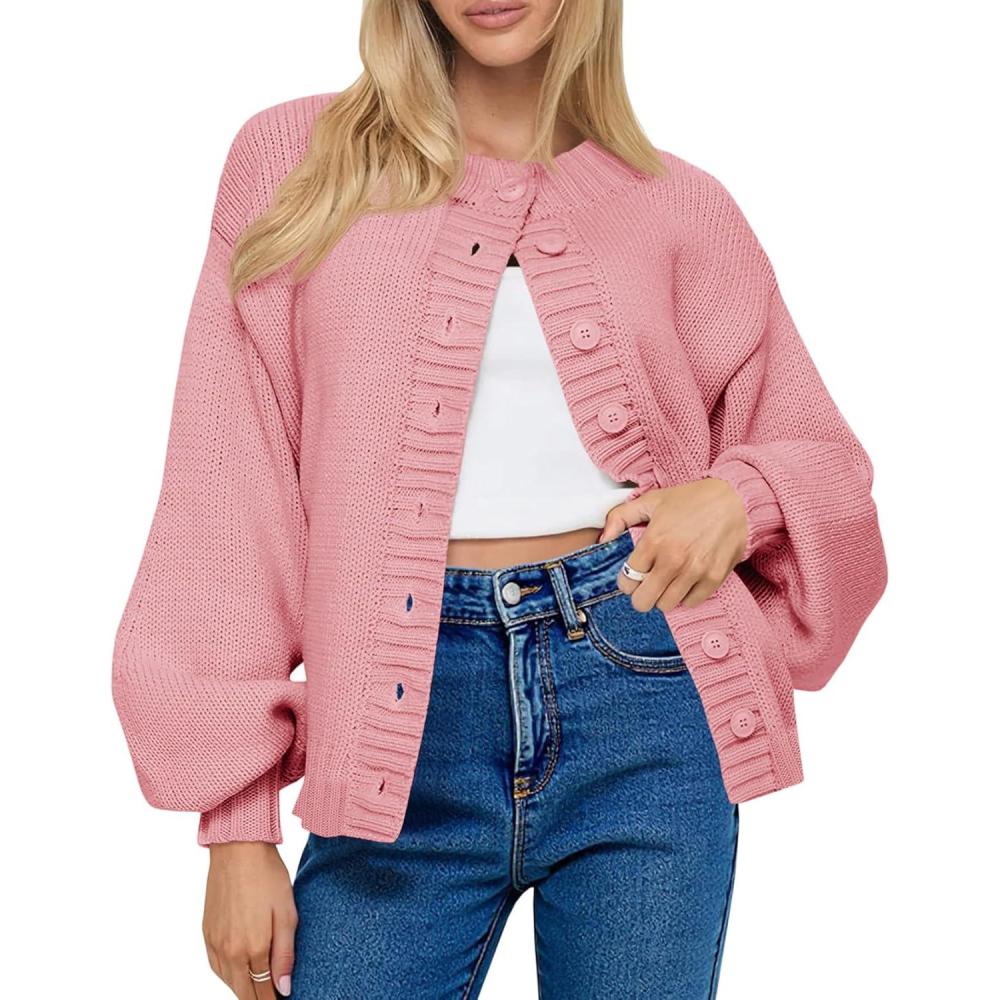 imageSaodimallsu Womens Long Sleeve Button Down Cardigan Sweaters Crew Neck Open Front Knit Casual Loose Fit Fall Sweater CoatPink