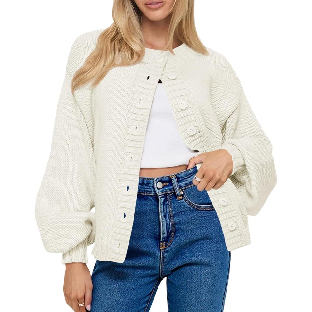 imageSaodimallsu Womens Long Sleeve Button Down Cardigan Sweaters Crew Neck Open Front Knit Casual Loose Fit Fall Sweater CoatWhite