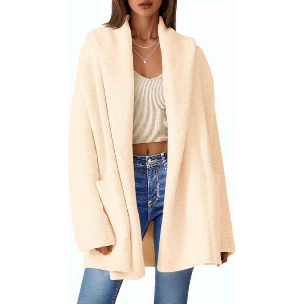 imageSaodimallsu Womens Open Front Knit Cardigans Oversized 2025 Fall Lapel Hooded Long Sweater Coats with PocketsBeige