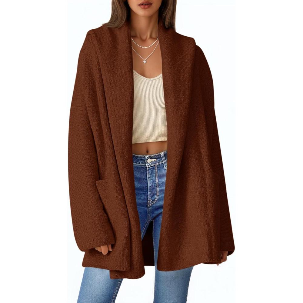 imageSaodimallsu Womens Open Front Knit Cardigans Oversized 2025 Fall Lapel Hooded Long Sweater Coats with PocketsBrown