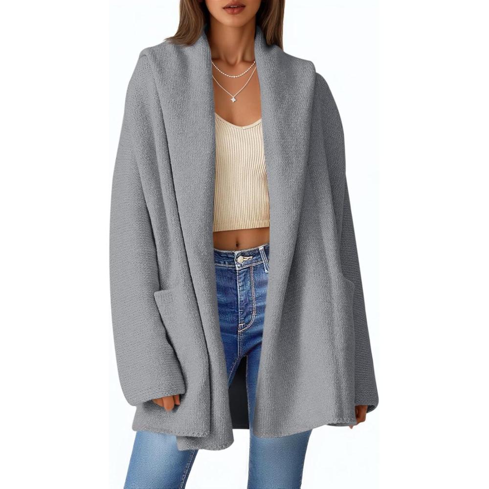 imageSaodimallsu Womens Open Front Knit Cardigans Oversized 2025 Fall Lapel Hooded Long Sweater Coats with PocketsGrey