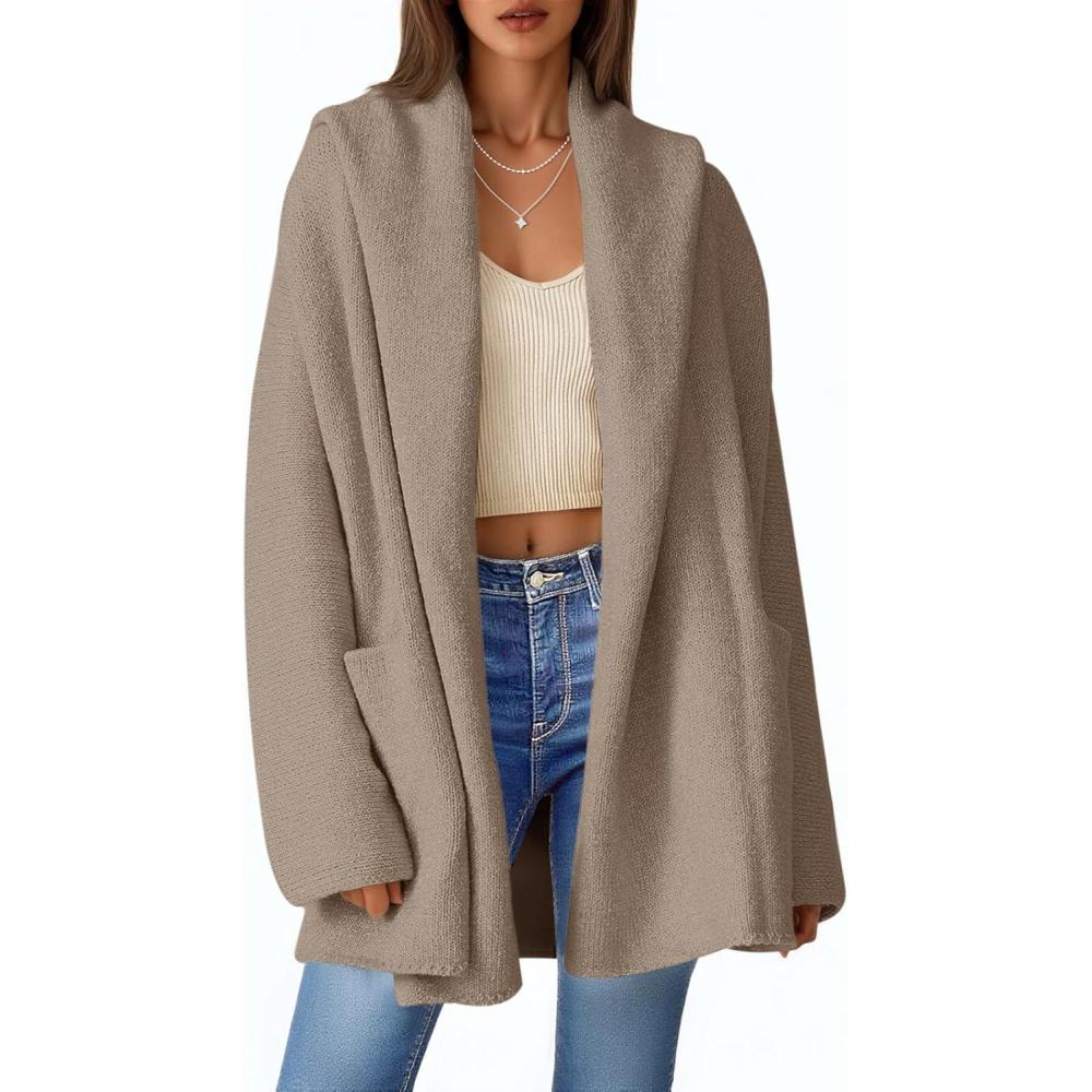imageSaodimallsu Womens Open Front Knit Cardigans Oversized 2025 Fall Lapel Hooded Long Sweater Coats with PocketsKhaki
